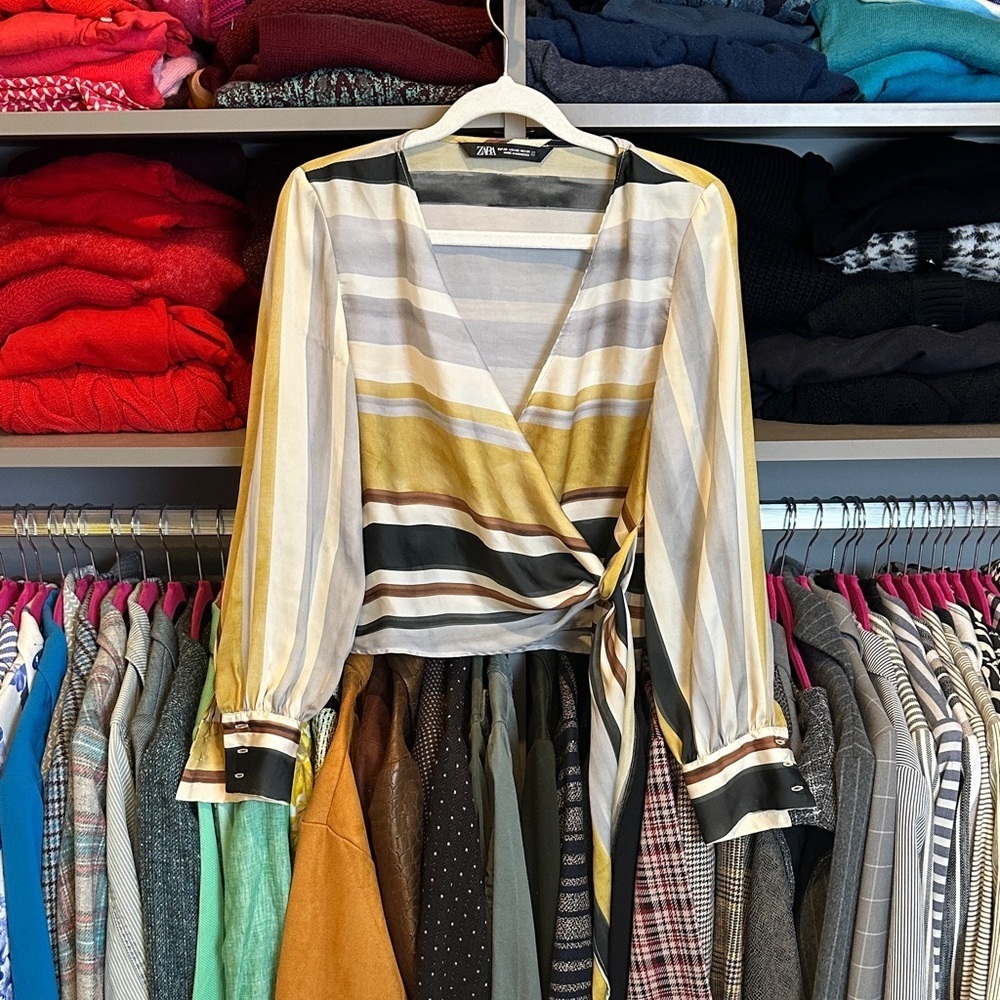 Zara multicolored striped cross over long sleeve v neck satin top size XS